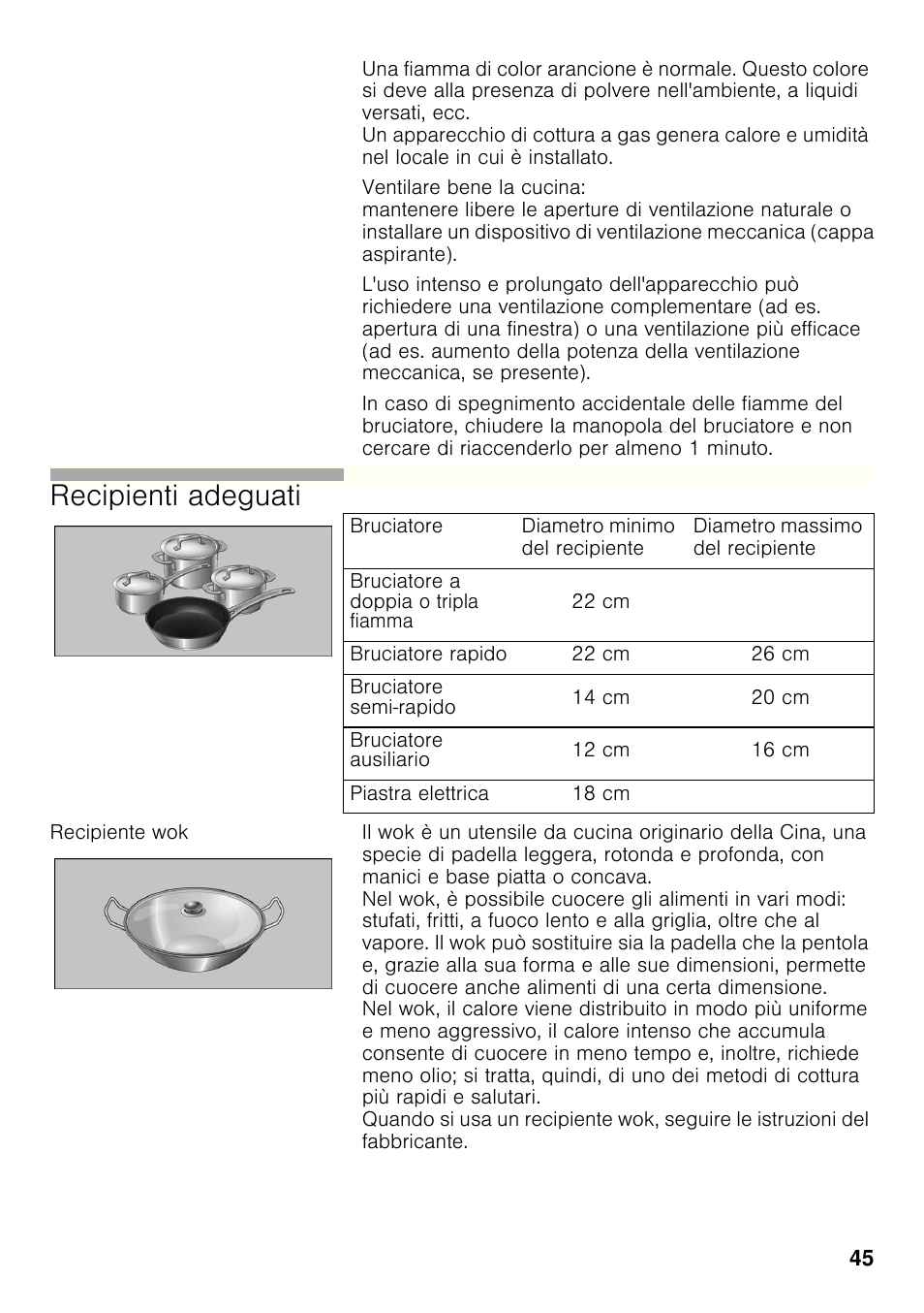 Recipiente wok, Recipienti adeguati | Bosch PCC615B90E Placa de gas 60 cm de ancho Acero inoxidable EAN 4242002487960 User Manual | Page 44 / 86