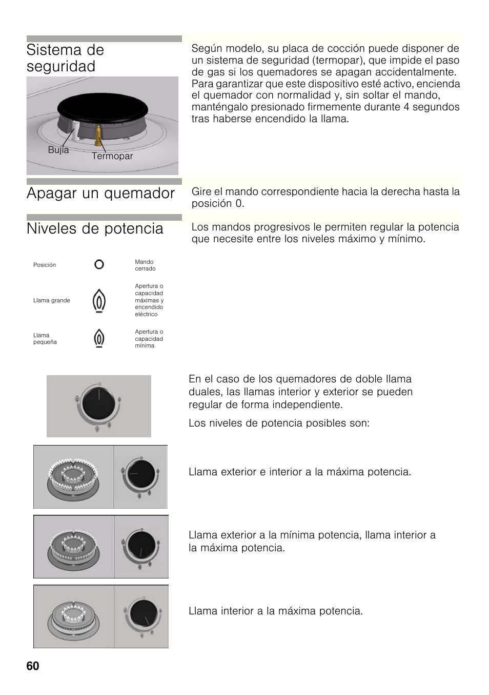 Sistema de seguridad, Apagar un quemador, Niveles de potencia | Bosch PCC615B90E Placa de gas 60 cm de ancho Acero inoxidable EAN 4242002487960 User Manual | Page 59 / 86