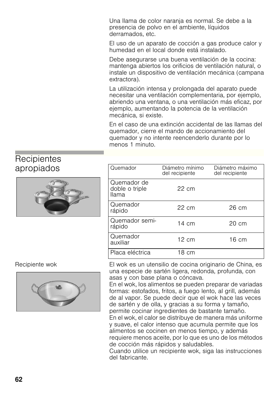 Recipiente wok, Recipientes apropiados | Bosch PCC615B90E Placa de gas 60 cm de ancho Acero inoxidable EAN 4242002487960 User Manual | Page 61 / 86