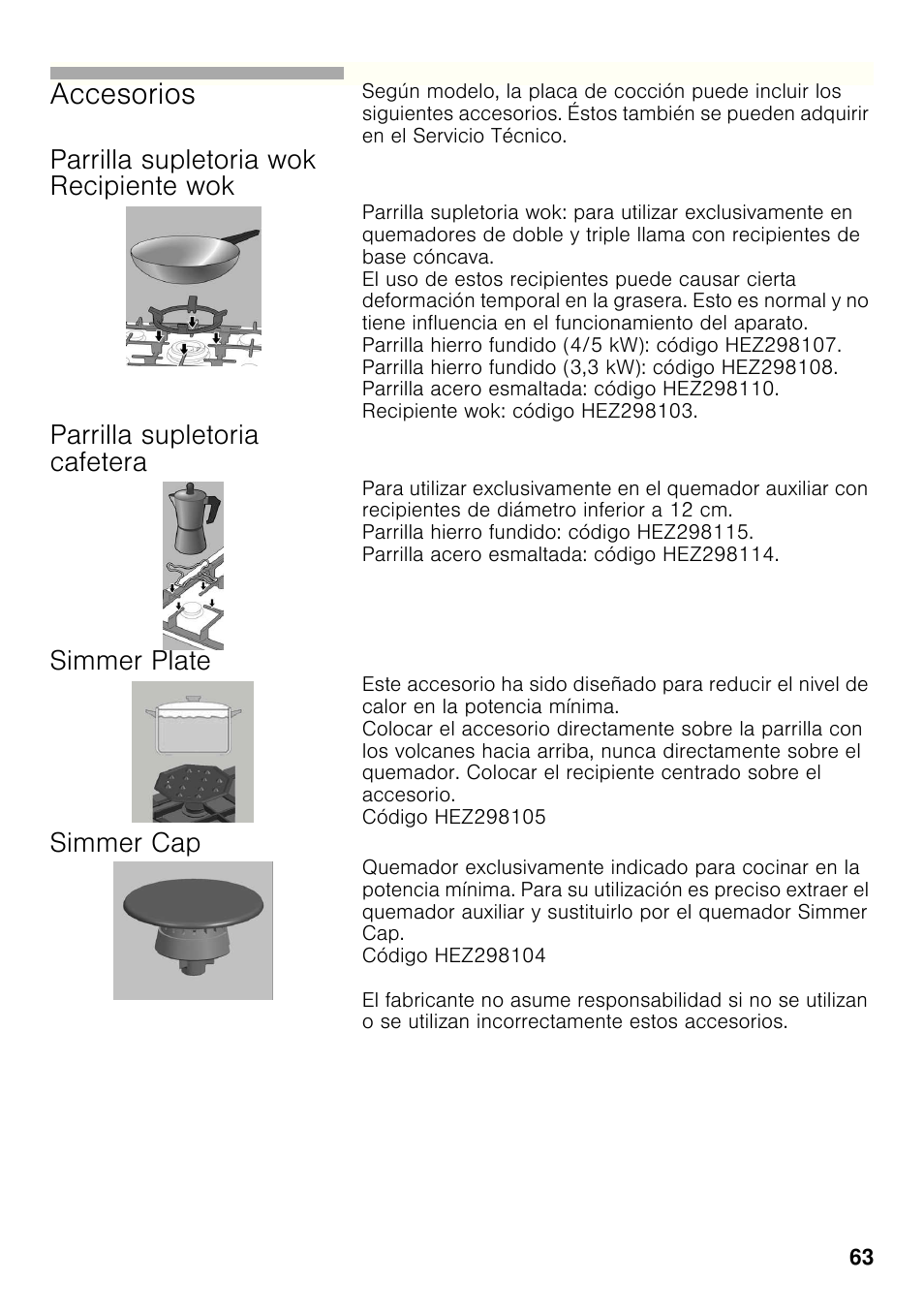 Parrilla supletoria wok recipiente wok, Parrilla supletoria cafetera, Simmer plate | Simmer cap, Accesorios | Bosch PCC615B90E Placa de gas 60 cm de ancho Acero inoxidable EAN 4242002487960 User Manual | Page 62 / 86