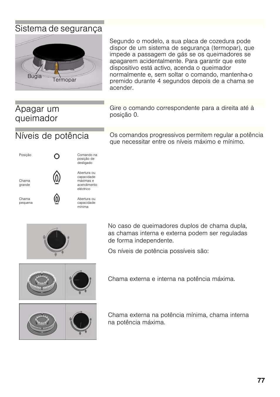 Sistema de segurança, Apagar um queimador, Níveis de potência | Bosch PCC615B90E Placa de gas 60 cm de ancho Acero inoxidable EAN 4242002487960 User Manual | Page 76 / 86