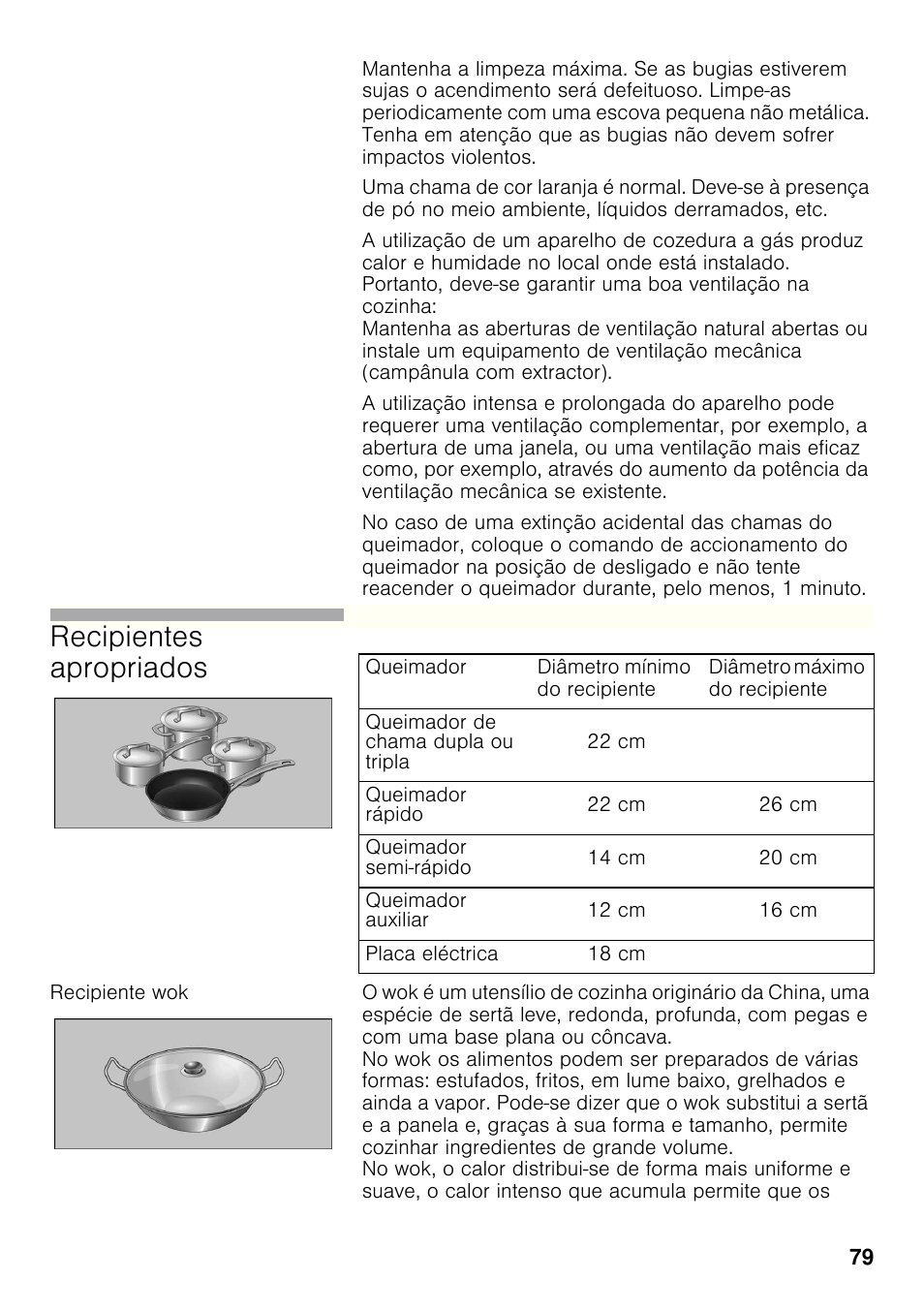 Recipiente wok, Recipientes apropriados | Bosch PCC615B90E Placa de gas 60 cm de ancho Acero inoxidable EAN 4242002487960 User Manual | Page 78 / 86