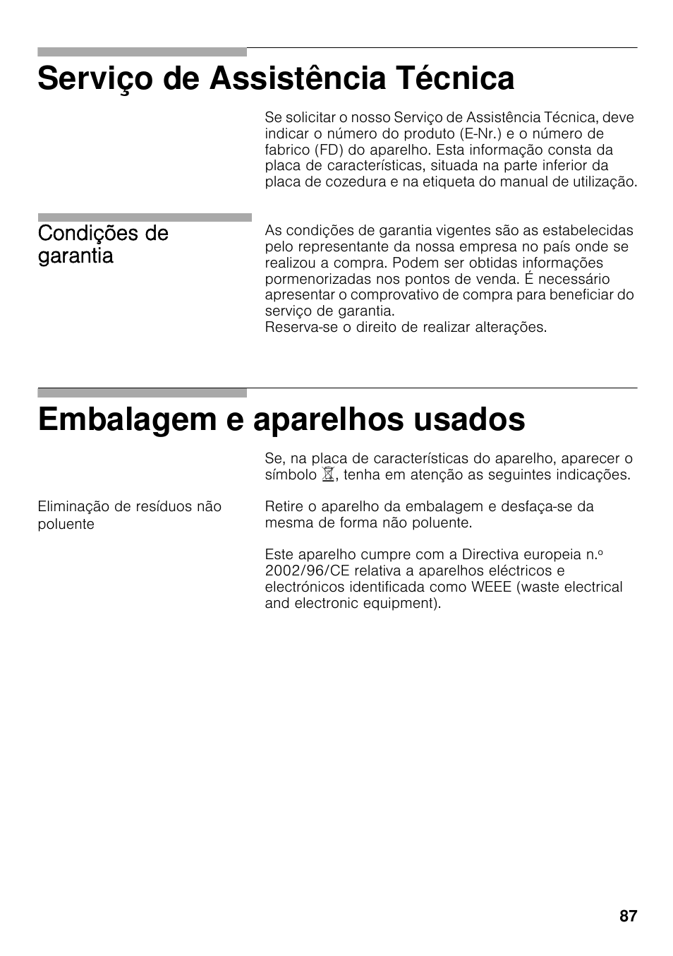 Serviço de assistência técnica, Embalagem e aparelhos usados, Condições de garantia | Bosch PCC615B90E Placa de gas 60 cm de ancho Acero inoxidable EAN 4242002487960 User Manual | Page 86 / 86