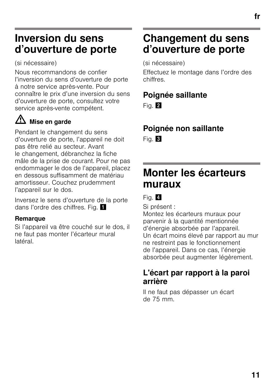 Inversion du sens d’ouverture de porte, Changement du sens d’ouverture de porte, Poignée saillante | Poignée non saillante, Monter les écarteurs muraux, L'écart par rapport à la paroi arrière, De porte, De porte monter les écarteurs muraux | Bosch KDV47VL30 User Manual | Page 11 / 54