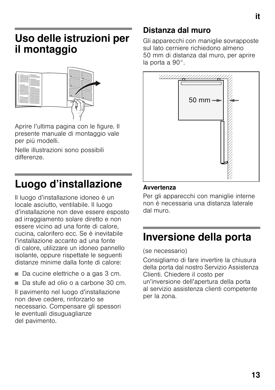 Uso delle istruzioni per il montaggio, Luogo d’installazione, Distanza dal muro | Inversione della porta, It 13 | Bosch KDV47VL30 User Manual | Page 13 / 54