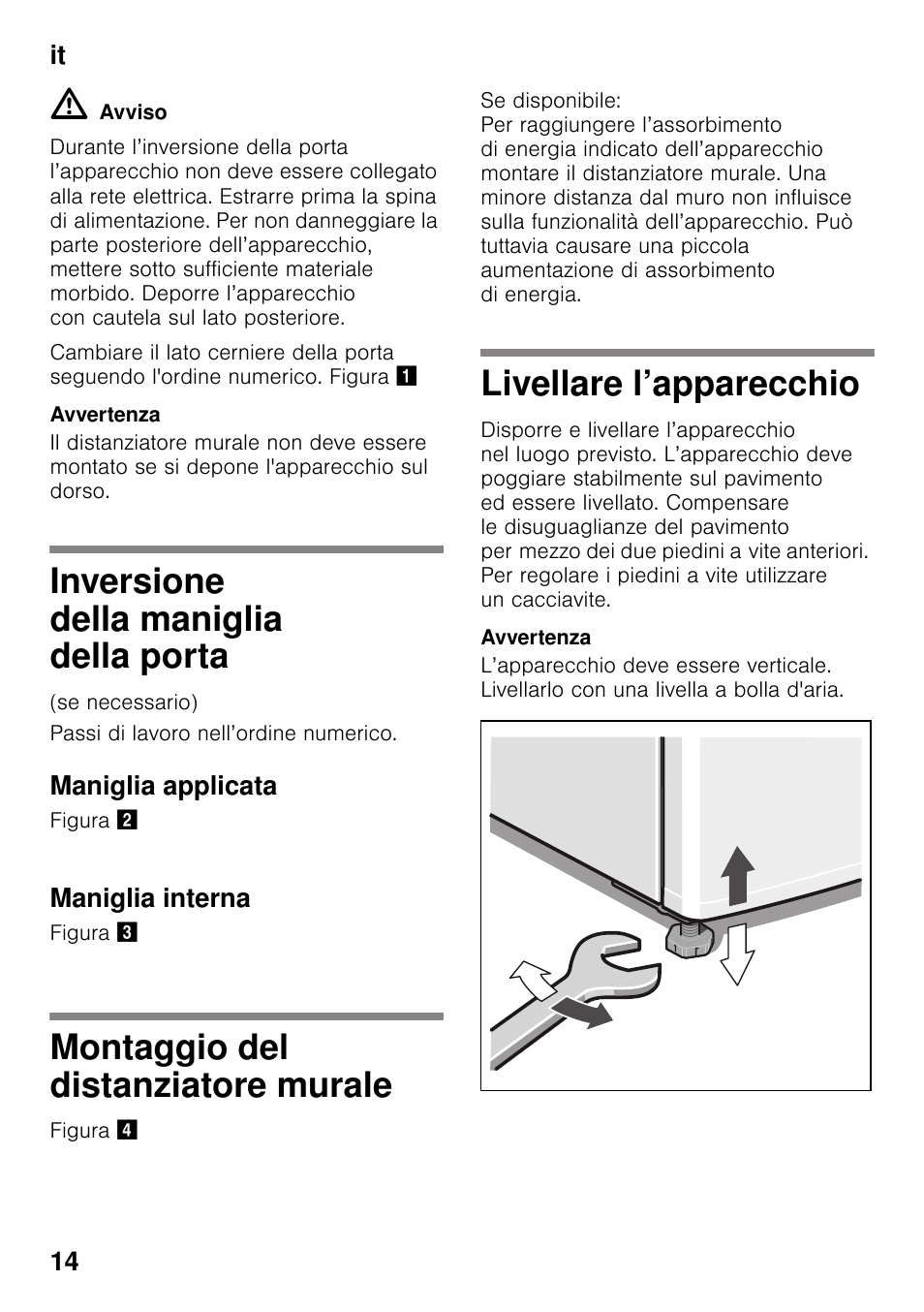 Inversione della maniglia della porta, Maniglia applicata, Maniglia interna | Montaggio del distanziatore murale, Livellare l’apparecchio | Bosch KDV47VL30 User Manual | Page 14 / 54