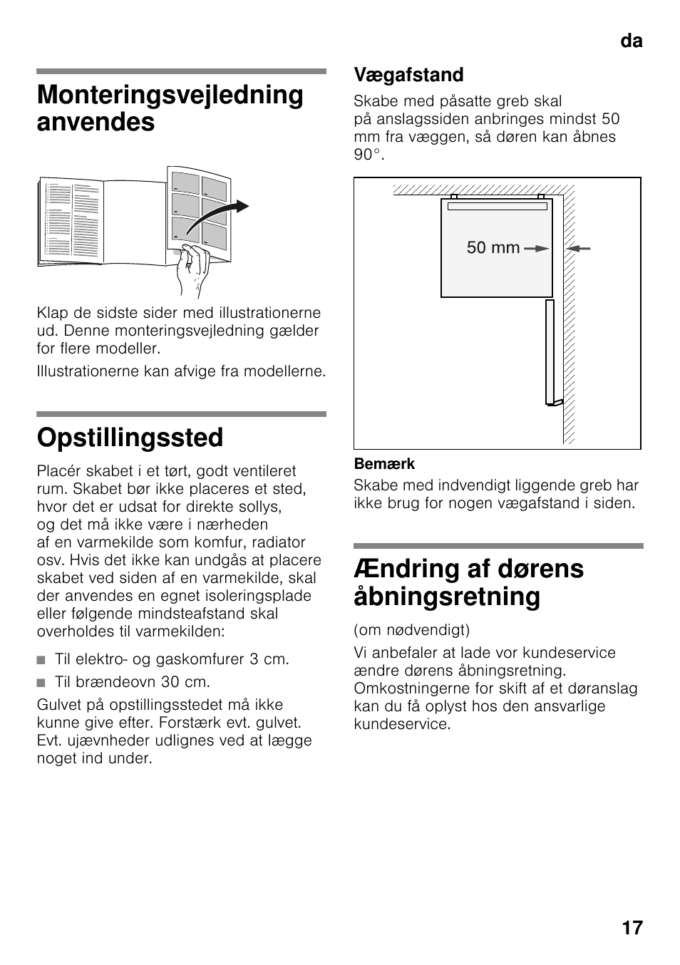 Monteringsvejledning anvendes, Opstillingssted, Vægafstand | Ændring af dørens åbningsretning, Gulvmodel, Da 17 | Bosch KDV47VL30 User Manual | Page 17 / 54