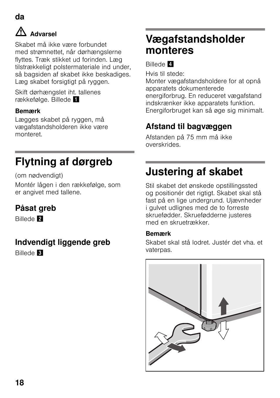 Flytning af dørgreb, Påsat greb, Indvendigt liggende greb | Vægafstandsholder monteres, Afstand til bagvæggen, Justering af skabet | Bosch KDV47VL30 User Manual | Page 18 / 54