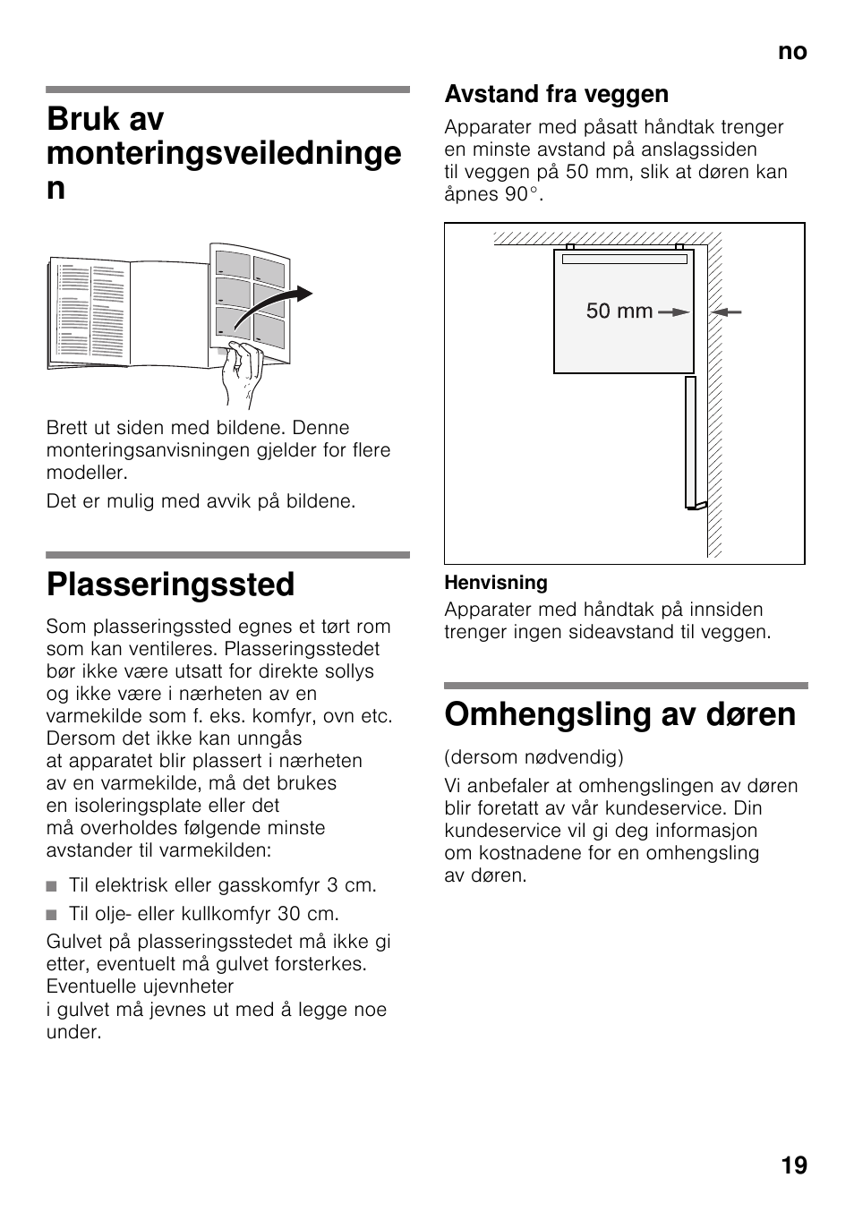 Bruk av monteringsveiledninge n, Plasseringssted, Avstand fra veggen | Omhengsling av døren, No 19 | Bosch KDV47VL30 User Manual | Page 19 / 54