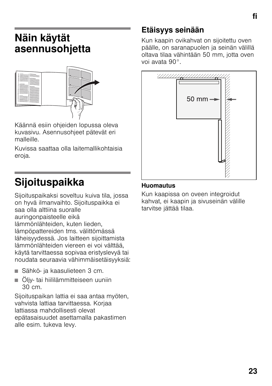 Näin käytät asennusohjetta, Sijoituspaikka, Etäisyys seinään | Näin käytät asennusohjetta sijoituspaikka, Fi 23 | Bosch KDV47VL30 User Manual | Page 23 / 54