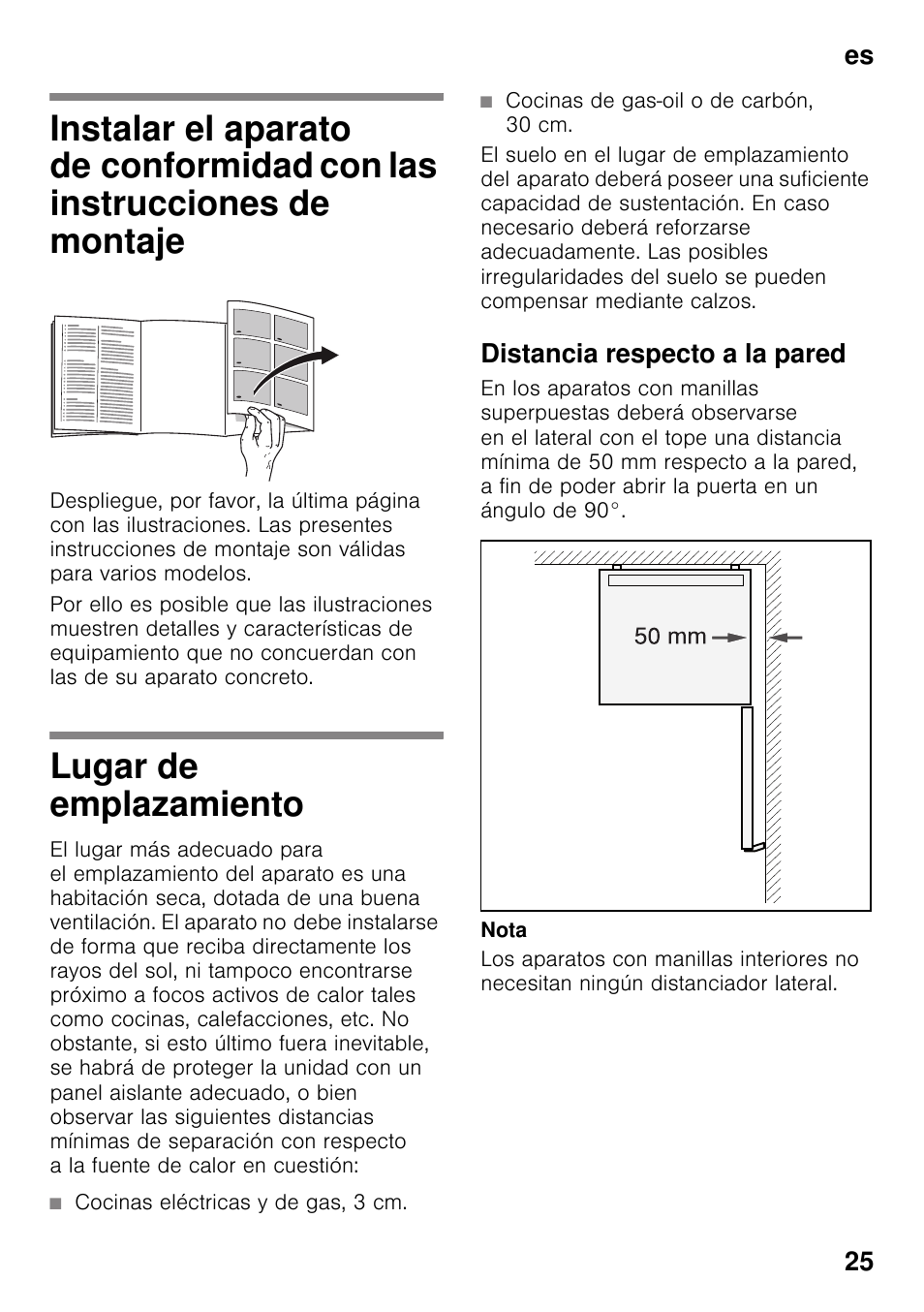 Lugar de emplazamiento, Distancia respecto a la pared, Es 25 | Bosch KDV47VL30 User Manual | Page 25 / 54