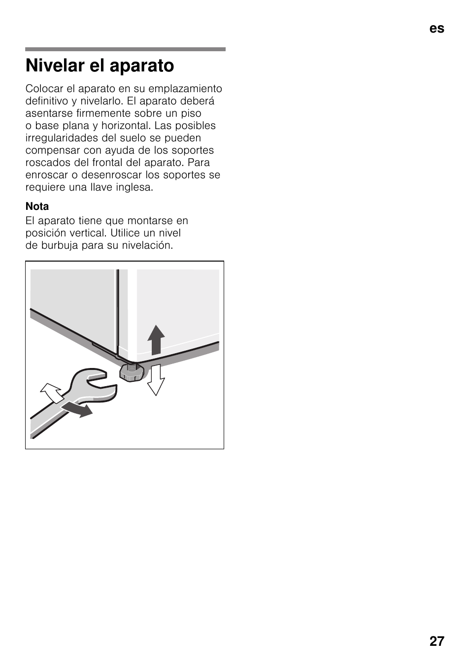 Nivelar el aparato, Es 27 | Bosch KDV47VL30 User Manual | Page 27 / 54