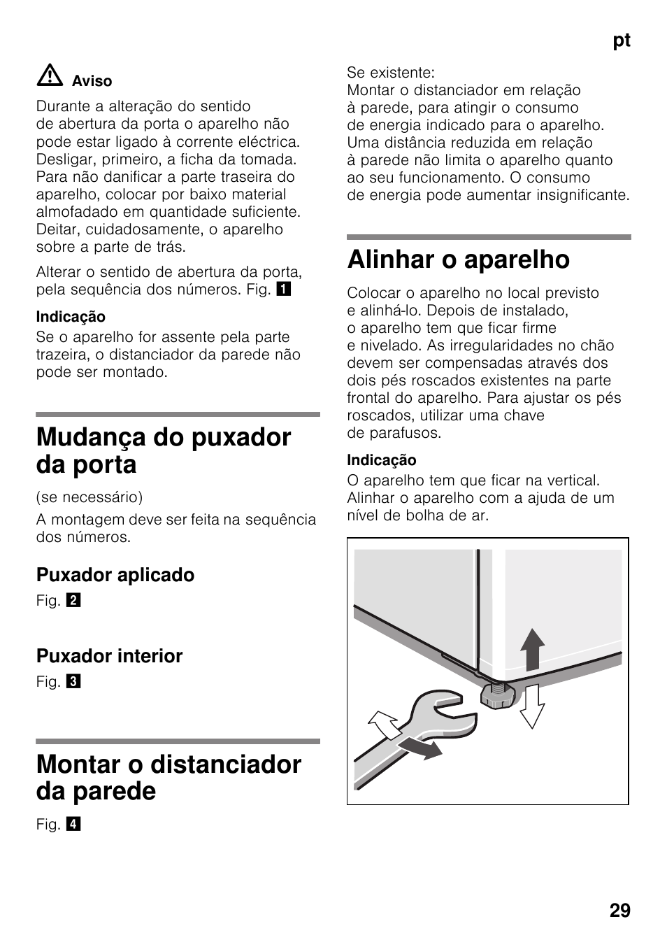 Mudança do puxador da porta, Puxador aplicado, Puxador interior | Montar o distanciador da parede, Alinhar o aparelho, Pt 29 | Bosch KDV47VL30 User Manual | Page 29 / 54