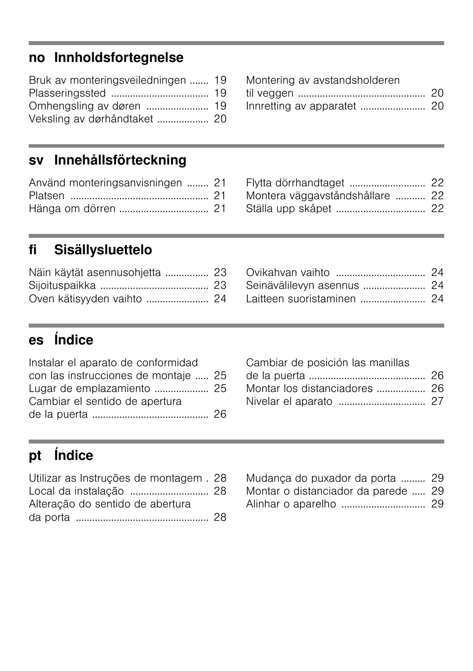 No innholdsfortegnelse, Sv innehållsförteckning, Fi sisällysluettelo | Es índice, Pt índice | Bosch KDV47VL30 User Manual | Page 3 / 54