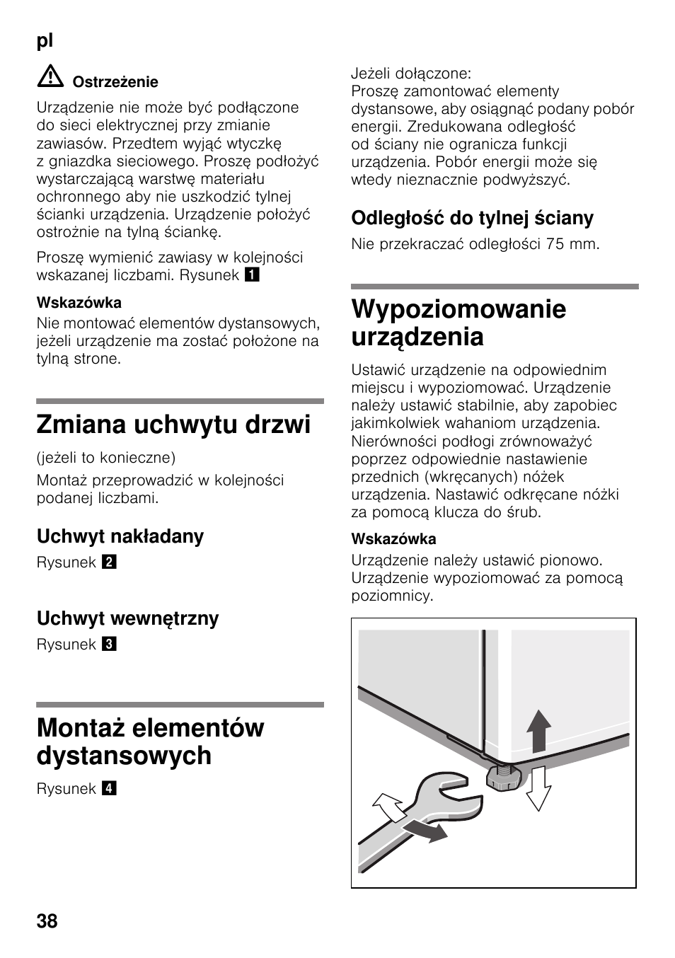 Zmiana uchwytu drzwi, Uchwyt nakładany, Uchwyt wewnętrzny | Montaż elementów dystansowych, Odległość do tylnej ściany, Wypoziomowanie urządzenia, Elementów dystansowych, Dzenia | Bosch KDV47VL30 User Manual | Page 38 / 54