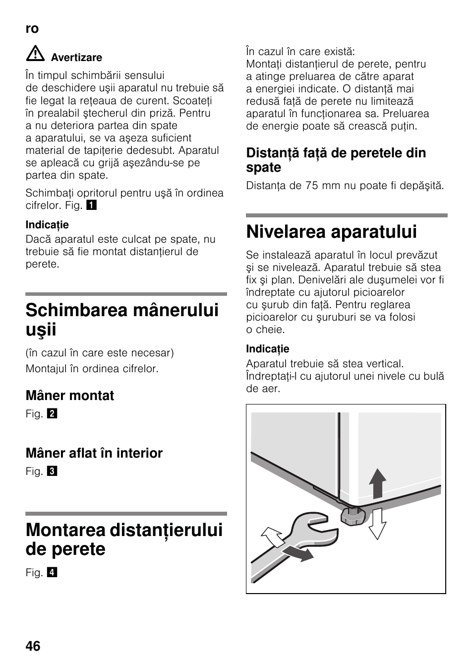 Schimbarea mânerului uşii, Mâner montat, Mâner aflat în interior | Montarea distanţierului de perete, Distanţă faţă de peretele din spate, Nivelarea aparatului, Ierului de perete nivelarea aparatului | Bosch KDV47VL30 User Manual | Page 46 / 54