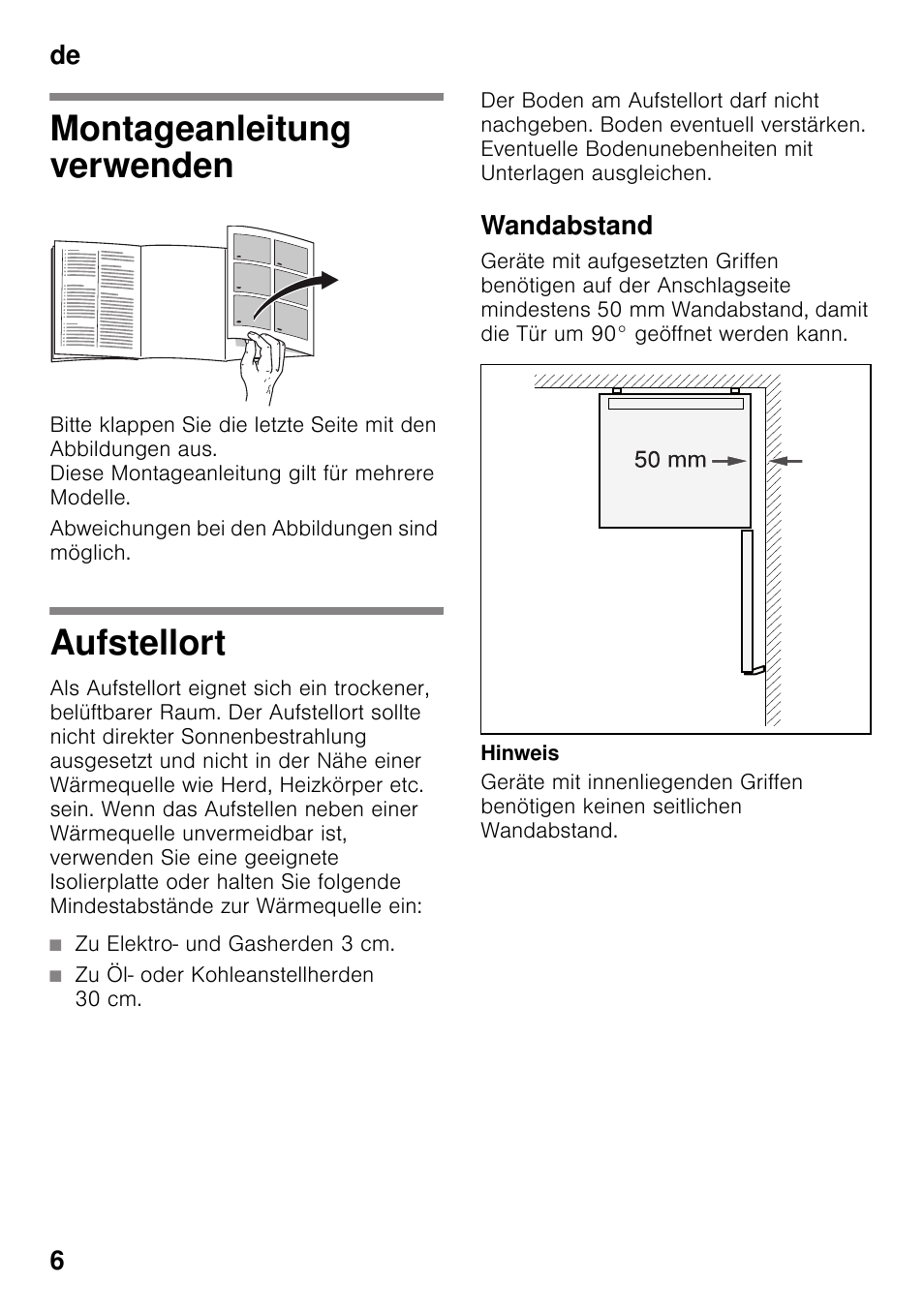 Montageanleitung verwenden, Aufstellort, Wandabstand | Montageanleitung verwenden aufstellort, De 6 | Bosch KDV47VL30 User Manual | Page 6 / 54