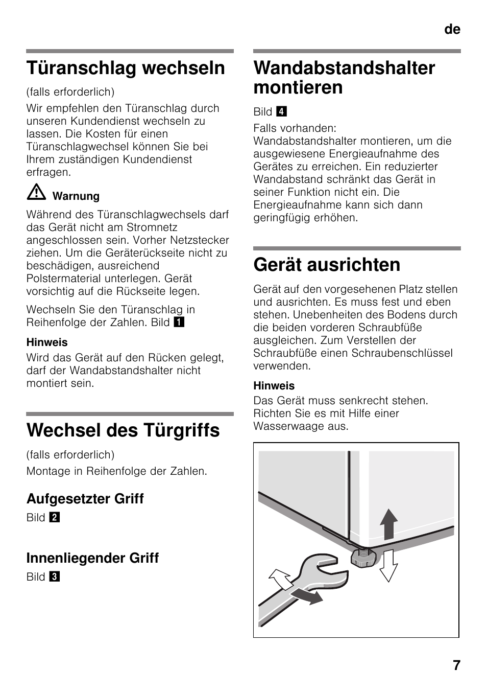 Türanschlag wechseln, Wechsel des türgriffs, Aufgesetzter griff | Innenliegender griff, Wandabstandshalter montieren, Gerät ausrichten, De 7 | Bosch KDV47VL30 User Manual | Page 7 / 54