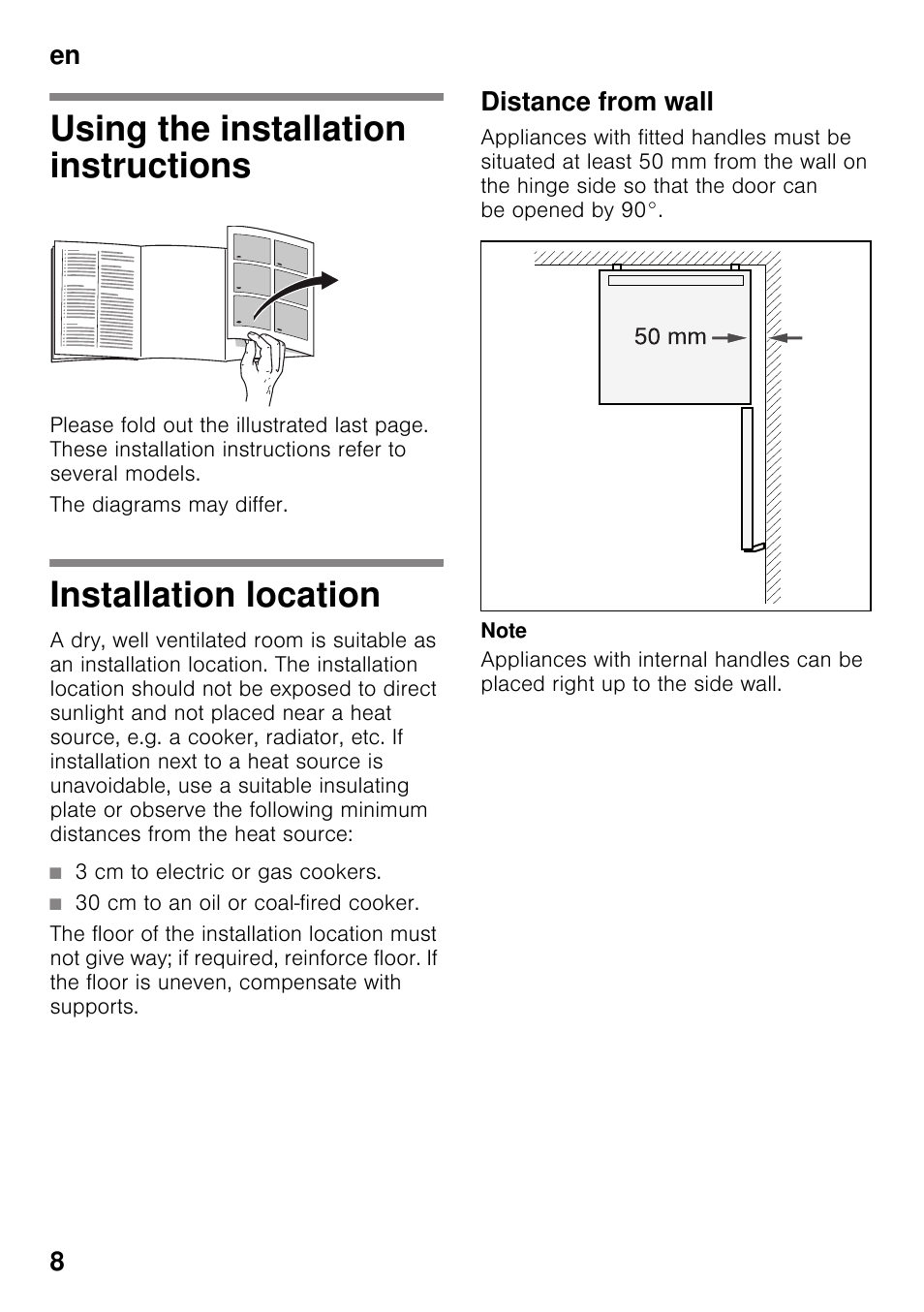 Using the installation instructions, Installation location, Distance from wall | Free-standing appliance, En 8 | Bosch KDV47VL30 User Manual | Page 8 / 54