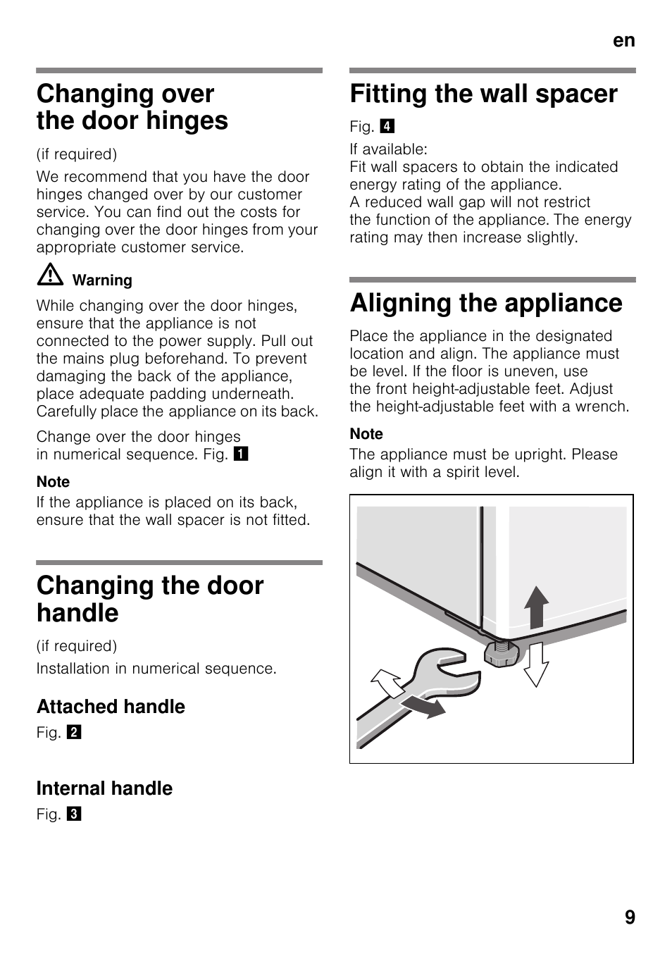 Changing over the door hinges, Changing the door handle, Attached handle | Internal handle, Fitting the wall spacer, Aligning the appliance | Bosch KDV47VL30 User Manual | Page 9 / 54