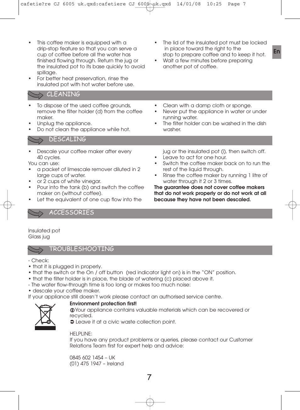 Cleaning descaling, Accessories, Troubleshooting | Moulinex THERMO COFFEE CJ600530 User Manual | Page 5 / 14