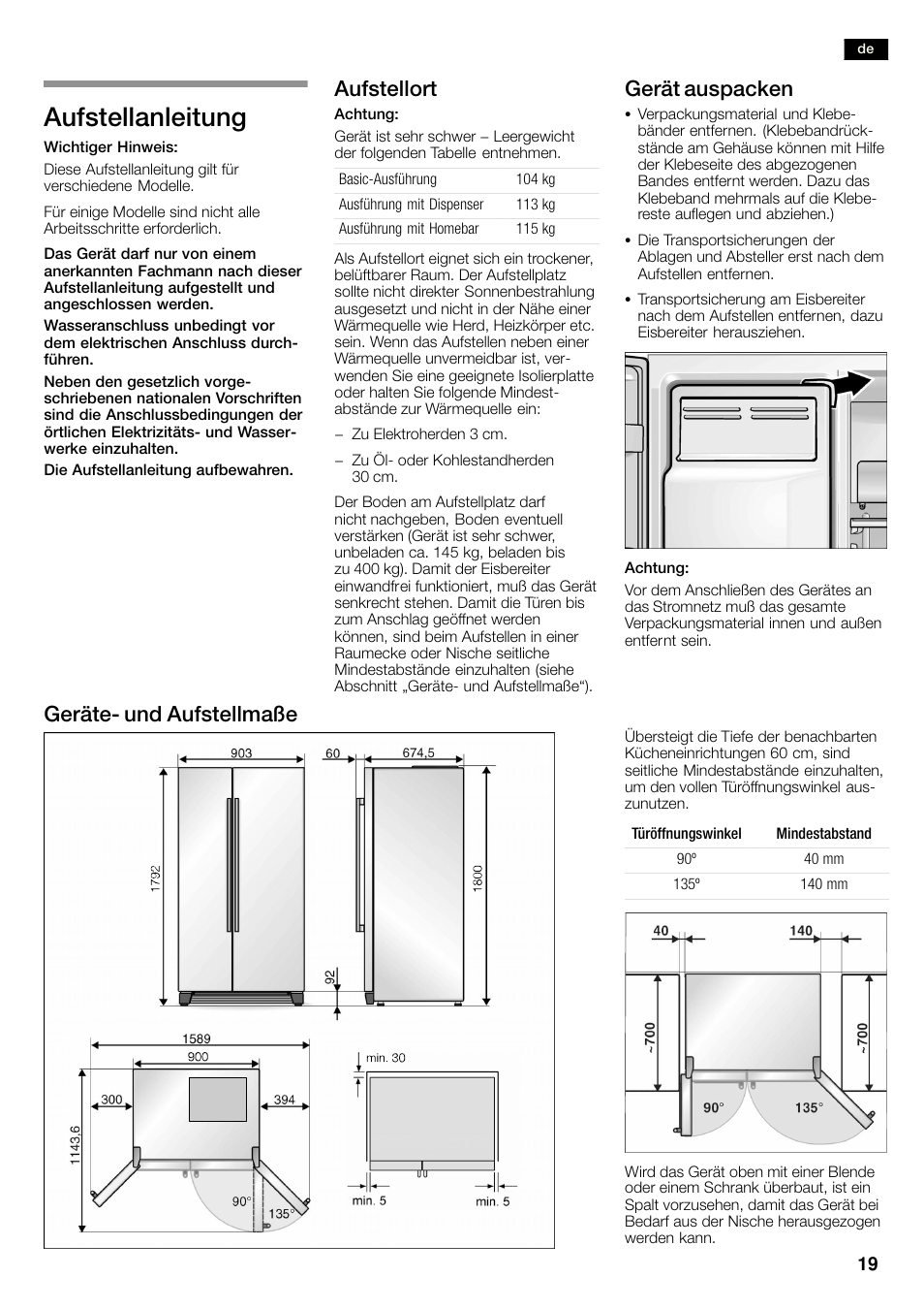 Aufstellanleitung, Aufstellort, Gerät auspacken | Geräteć und aufstellmaße | Bosch KAN60A45 Frigorífico americano No Frost Puertas acero mate antihuellas 180 x 90 cm EAN 4242002627571 User Manual | Page 19 / 263