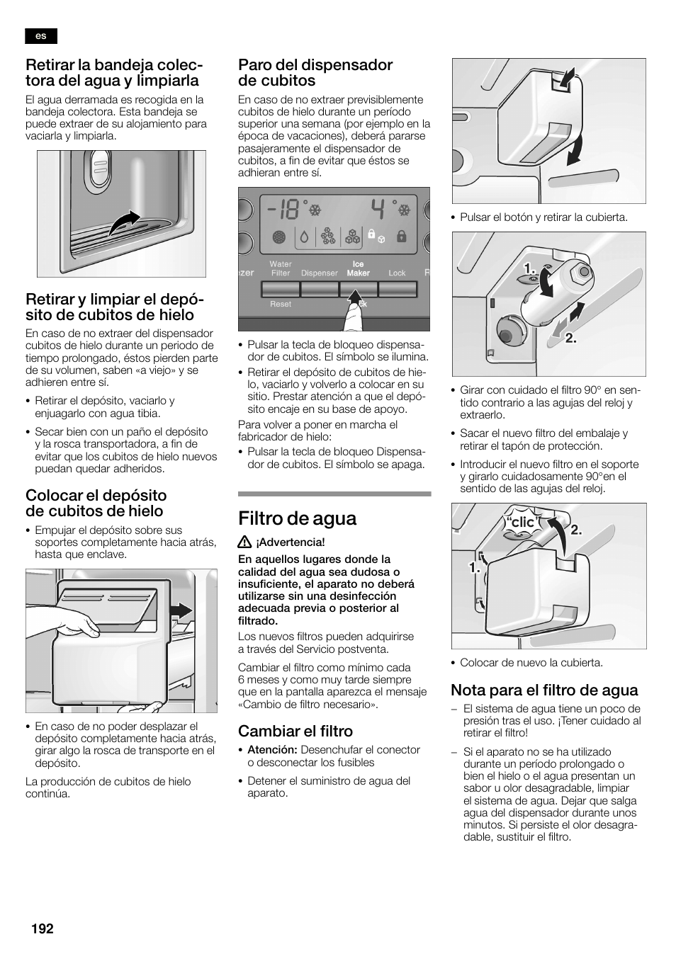 Filtro de agua, Colocar el depósito de cubitos de hielo, Paro del dispensador de cubitos | Cambiar el filtro, Nota para el filtro de agua | Bosch KAN60A45 Frigorífico americano No Frost Puertas acero mate antihuellas 180 x 90 cm EAN 4242002627571 User Manual | Page 192 / 263