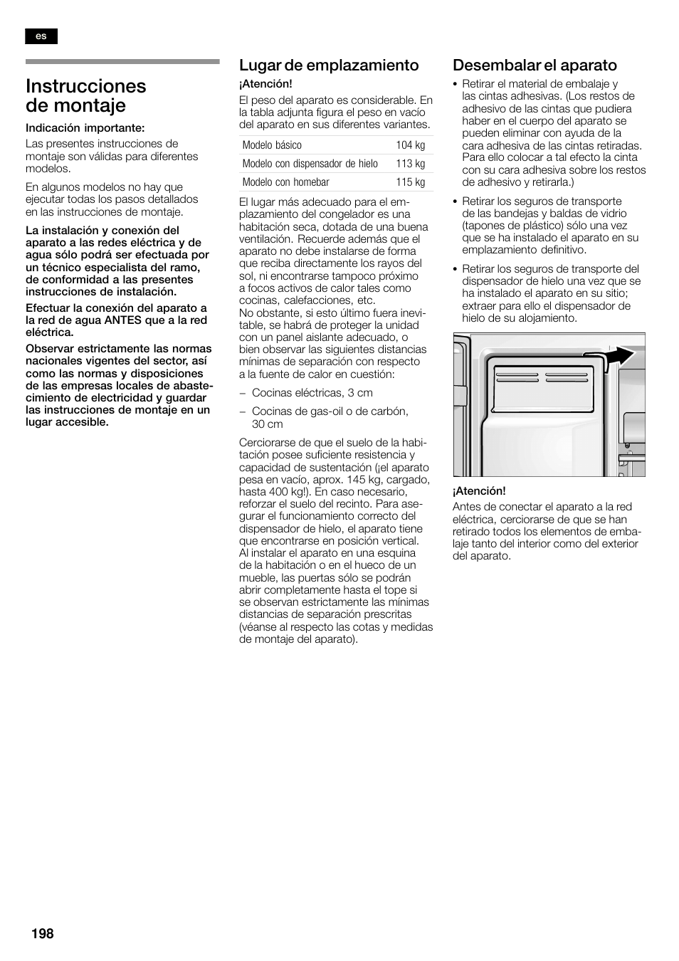 Instrucciones de montaje, Lugar de emplazamiento, Desembalar el aparato | Bosch KAN60A45 Frigorífico americano No Frost Puertas acero mate antihuellas 180 x 90 cm EAN 4242002627571 User Manual | Page 198 / 263