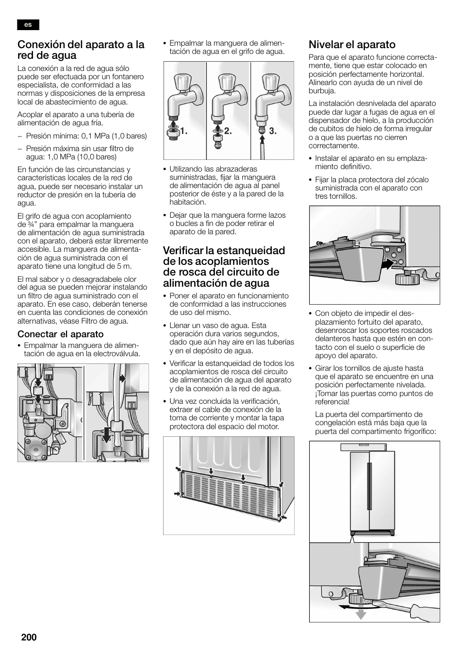 Conexión del aparato a la red de agua, Nivelar el aparato | Bosch KAN60A45 Frigorífico americano No Frost Puertas acero mate antihuellas 180 x 90 cm EAN 4242002627571 User Manual | Page 200 / 263