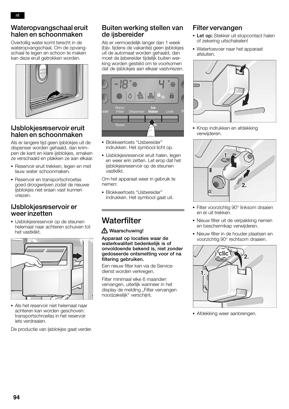 Waterfilter, Wateropvangschaal eruit halen en schoonmaken, Ijsblokjesreservoir eruit halen en schoonmaken | Ijsblokjesreservoir er weer inzetten, Buiten werking stellen van de ijsbereider, Filter vervangen | Bosch KAN60A45 Frigorífico americano No Frost Puertas acero mate antihuellas 180 x 90 cm EAN 4242002627571 User Manual | Page 94 / 263