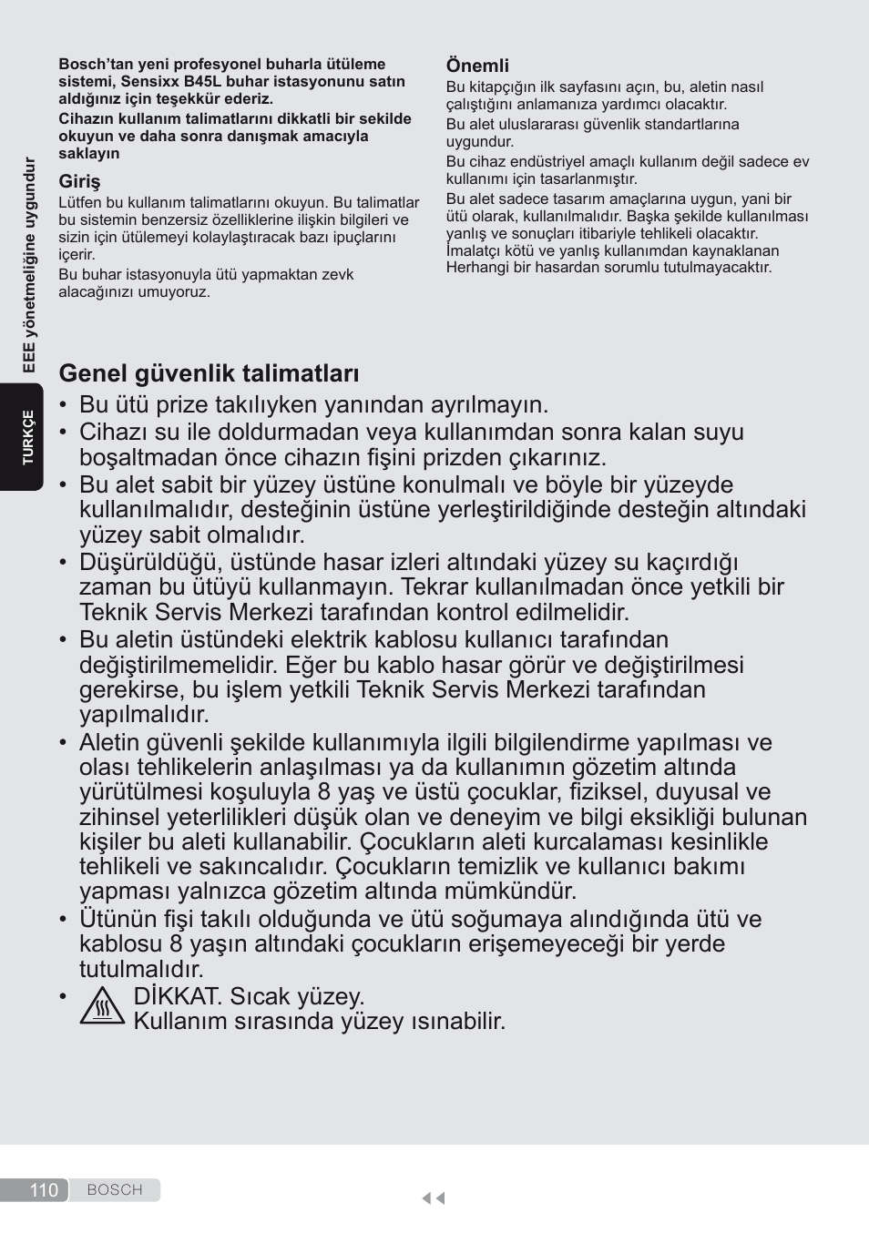 Türkçe, Genel güvenlik talimatları, Turkçe | Bosch TDS4580 Centro de planchado Sensixx B45L SilenceComfort400 EAN 4242002768458 User Manual | Page 110 / 172