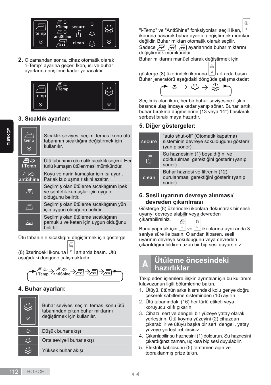 A. ütüleme öncesindeki hazırlıklar, Ütüleme öncesindeki hazırlıklar | Bosch TDS4580 Centro de planchado Sensixx B45L SilenceComfort400 EAN 4242002768458 User Manual | Page 112 / 172