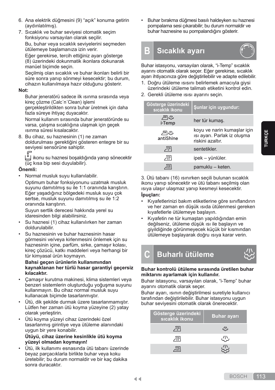 B. sıcaklık ayarı, C. buharlı ütüleme, Sıcaklık ayarı | Buharlı ütüleme | Bosch TDS4580 Centro de planchado Sensixx B45L SilenceComfort400 EAN 4242002768458 User Manual | Page 113 / 172