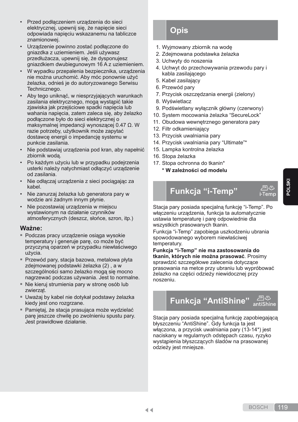 Opis, Funkcja “i-temp, Funkcja “antishine | Bosch TDS4580 Centro de planchado Sensixx B45L SilenceComfort400 EAN 4242002768458 User Manual | Page 119 / 172