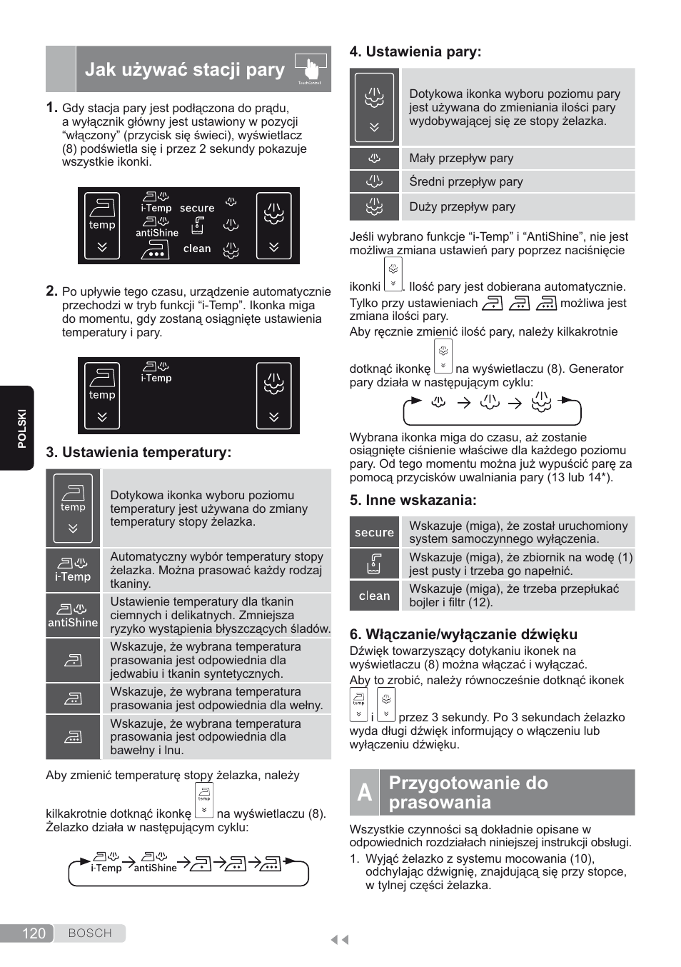 Jak używać stacji pary, A. przygotowanie do prasowania, Przygotowanie do prasowania | Bosch TDS4580 Centro de planchado Sensixx B45L SilenceComfort400 EAN 4242002768458 User Manual | Page 120 / 172