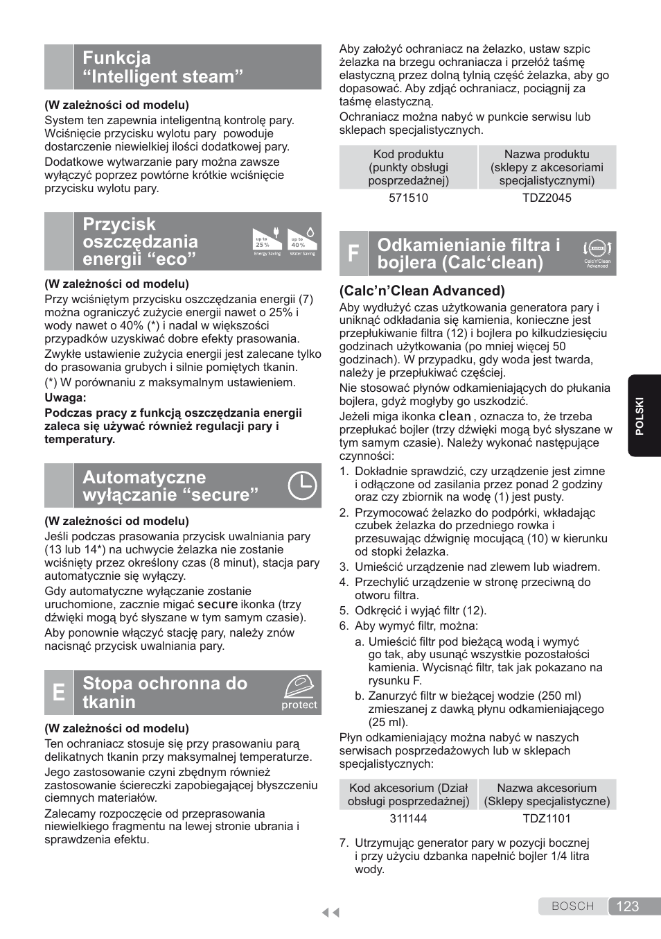 Funkcja “intelligent steam, Przycisk oszczędzania energii “eco, Automatyczne wyłączanie “secure | E. stopa ochronna do tkanin, F. odkamienianie filtra i bojlera (calc‘clean), Odkamienianie filtra i bojlera (calc‘clean), Stopa ochronna do tkanin | Bosch TDS4580 Centro de planchado Sensixx B45L SilenceComfort400 EAN 4242002768458 User Manual | Page 123 / 172