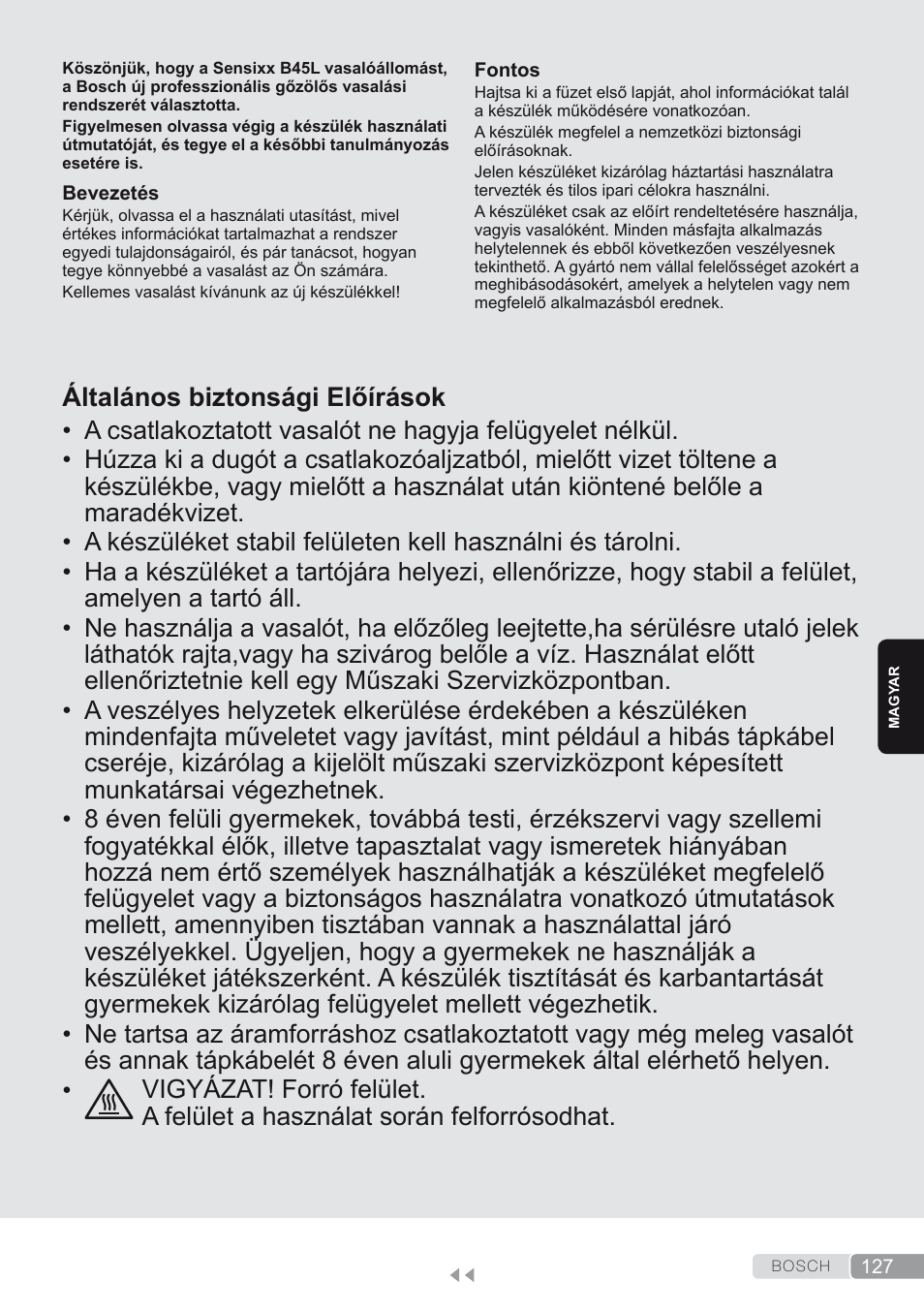 Magyar, Általános biztonsági előírások | Bosch TDS4580 Centro de planchado Sensixx B45L SilenceComfort400 EAN 4242002768458 User Manual | Page 127 / 172