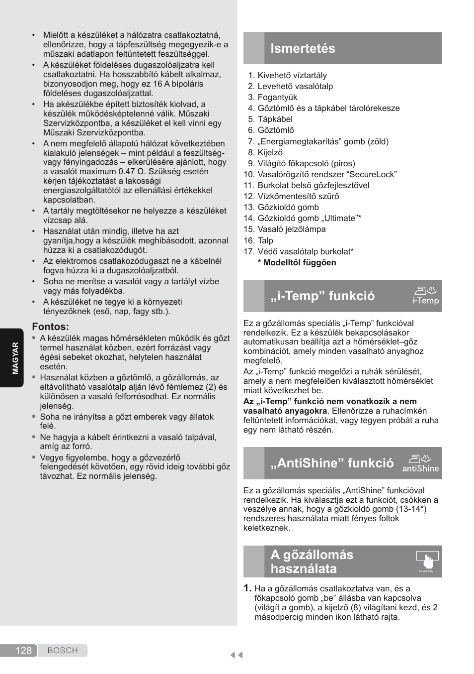 Ismertetés, I-temp” funkció, Antishine” funkció | A gőzállomás használata | Bosch TDS4580 Centro de planchado Sensixx B45L SilenceComfort400 EAN 4242002768458 User Manual | Page 128 / 172