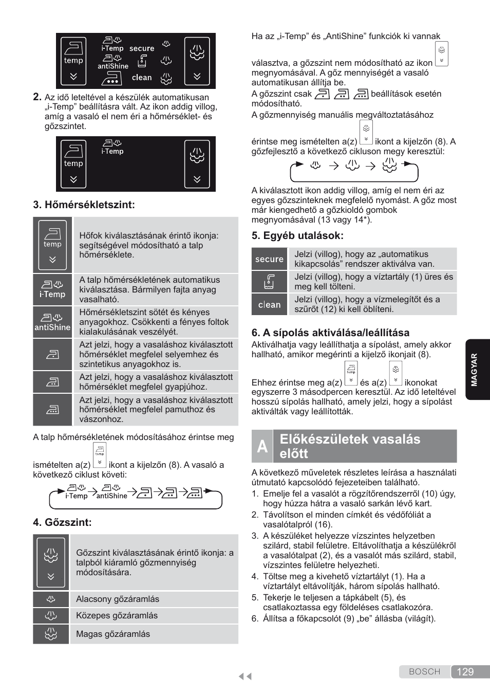 A. előkészületek vasalás előtt, Előkészületek vasalás előtt | Bosch TDS4580 Centro de planchado Sensixx B45L SilenceComfort400 EAN 4242002768458 User Manual | Page 129 / 172