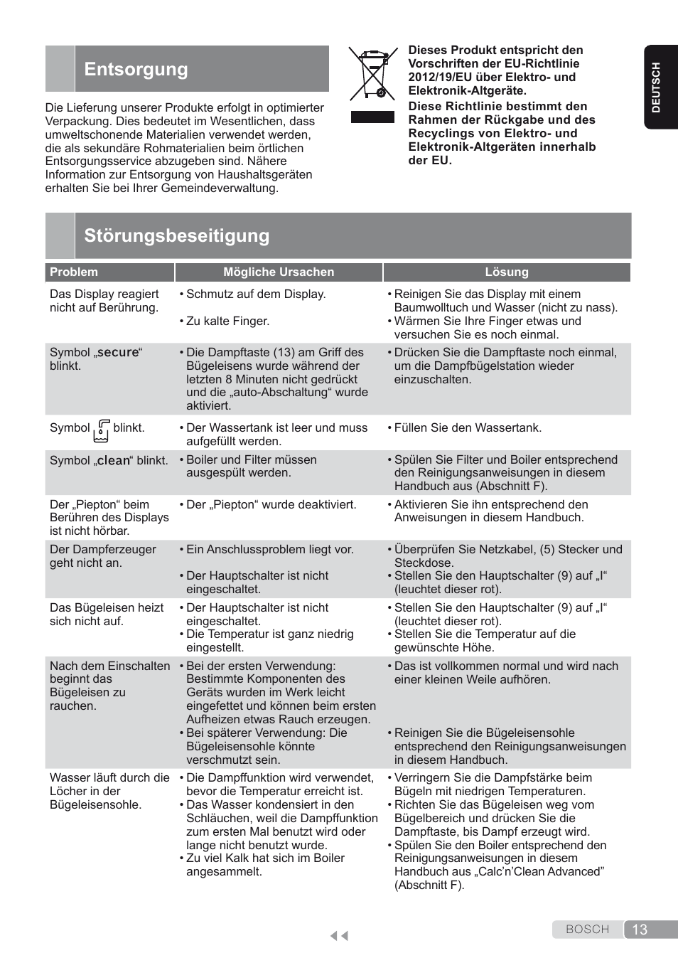 Entsorgung, Störungsbeseitigung | Bosch TDS4580 Centro de planchado Sensixx B45L SilenceComfort400 EAN 4242002768458 User Manual | Page 13 / 172