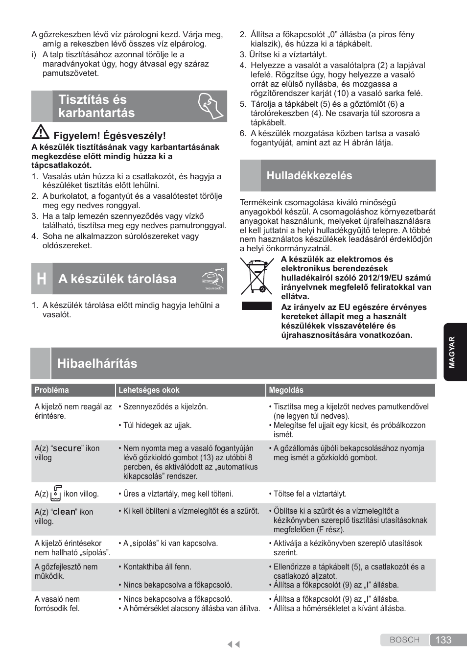 Tisztítás és karbantartás, H. a készülék tárolása, Hulladékkezelés | Hibaelhárítás, A készülék tárolása | Bosch TDS4580 Centro de planchado Sensixx B45L SilenceComfort400 EAN 4242002768458 User Manual | Page 133 / 172
