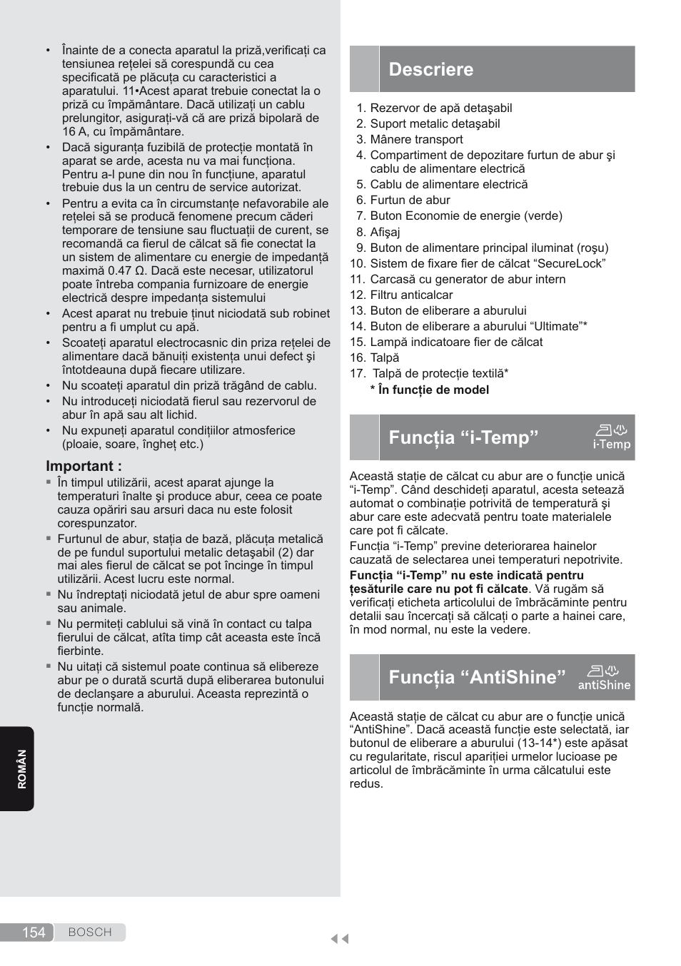 Descriere, Funcţia “i-temp, Funcţia “antishine | Bosch TDS4580 Centro de planchado Sensixx B45L SilenceComfort400 EAN 4242002768458 User Manual | Page 154 / 172