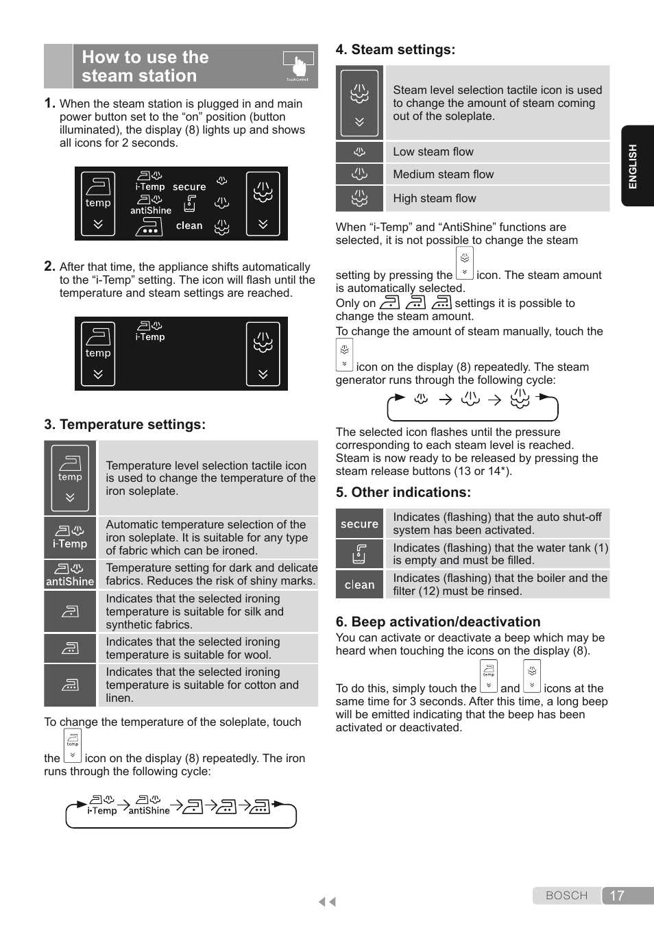 How to use the steam station | Bosch TDS4580 Centro de planchado Sensixx B45L SilenceComfort400 EAN 4242002768458 User Manual | Page 17 / 172