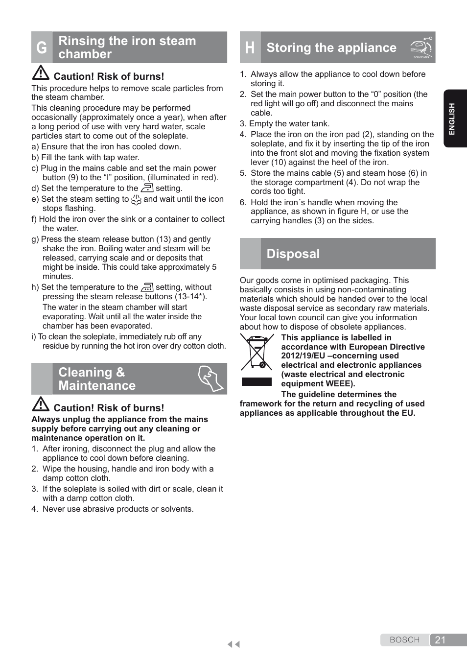 G. rinsing the iron steam chamber, Cleaning & maintenance, H. storing the appliance | Disposal, Storing the appliance, Rinsing the iron steam chamber | Bosch TDS4580 Centro de planchado Sensixx B45L SilenceComfort400 EAN 4242002768458 User Manual | Page 21 / 172