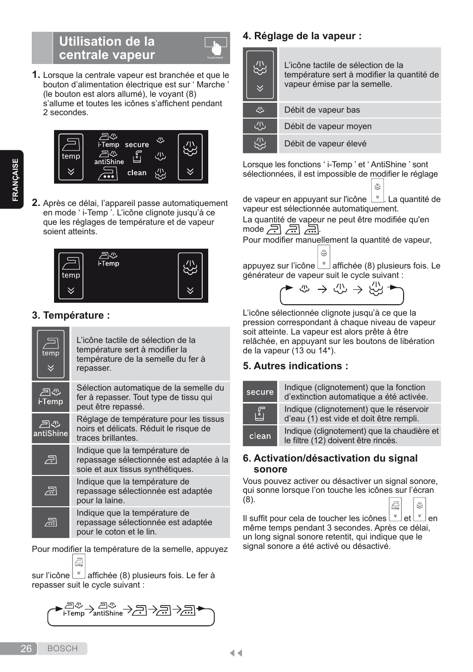 Utilisation de la centrale vapeur | Bosch TDS4580 Centro de planchado Sensixx B45L SilenceComfort400 EAN 4242002768458 User Manual | Page 26 / 172