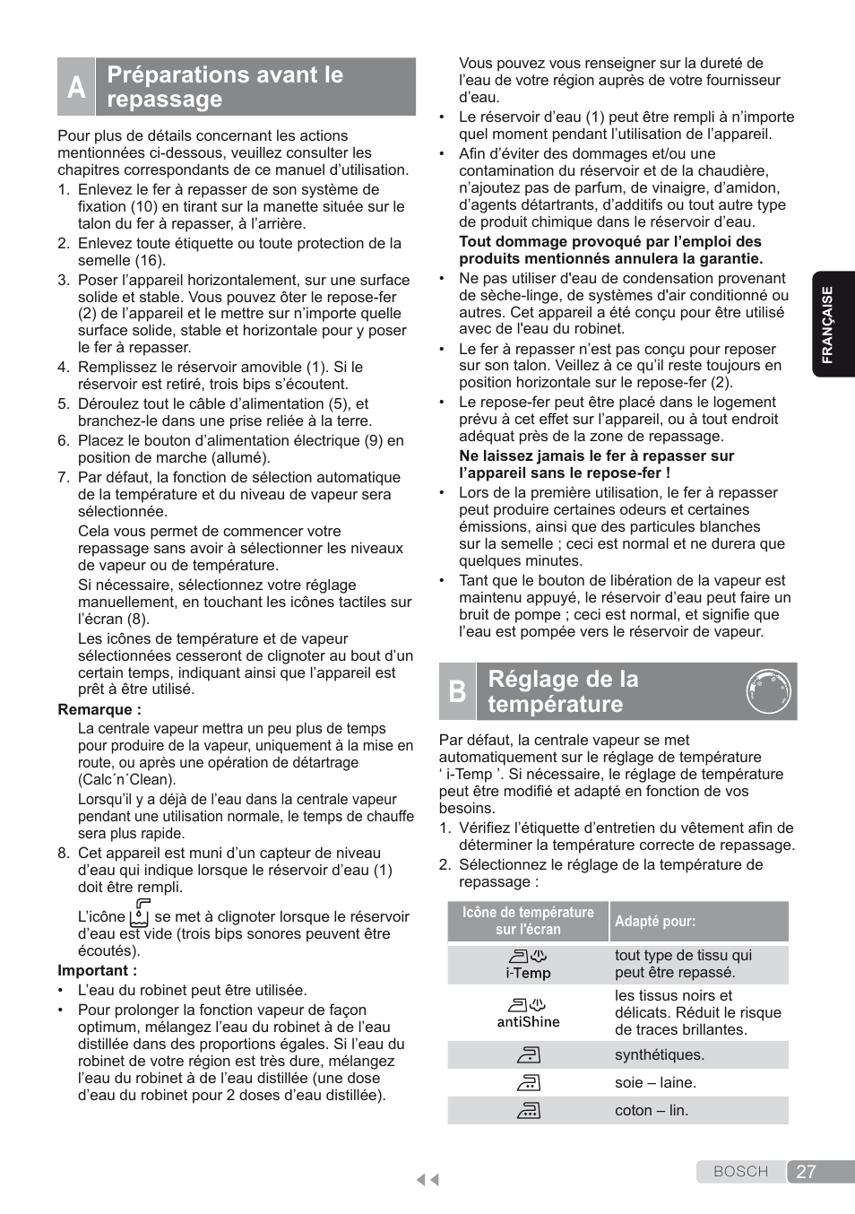 A. préparations avant le repassage, B. réglage de la température, Réglage de la température | Préparations avant le repassage | Bosch TDS4580 Centro de planchado Sensixx B45L SilenceComfort400 EAN 4242002768458 User Manual | Page 27 / 172