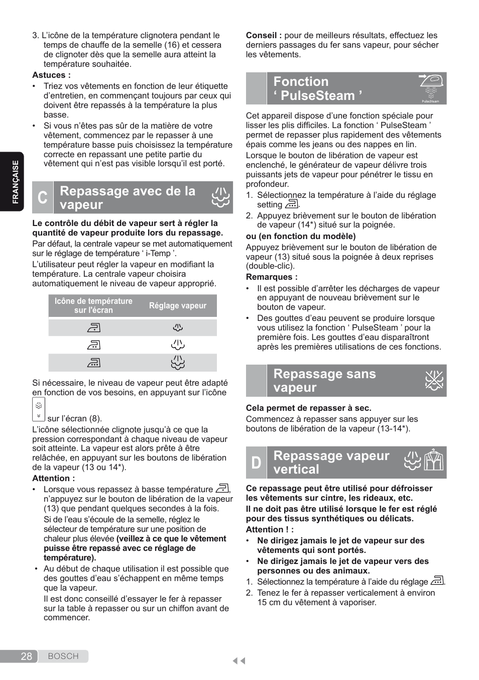 C. repassage avec de la vapeur, Fonction ‘ pulsesteam, Repassage sans vapeur | D. repassage vapeur vertical, Repassage vapeur vertical, Repassage avec de la vapeur | Bosch TDS4580 Centro de planchado Sensixx B45L SilenceComfort400 EAN 4242002768458 User Manual | Page 28 / 172