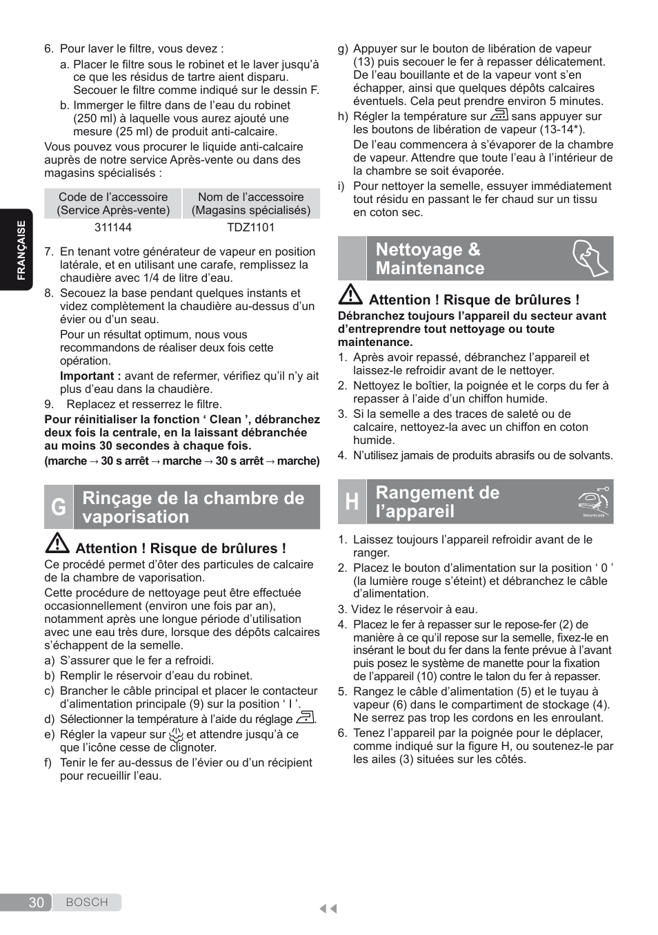 G. rinçage de la chambre de vaporisation, Nettoyage & maintenance, H. rangement de l’appareil | Rangement de l’appareil, Rinçage de la chambre de vaporisation | Bosch TDS4580 Centro de planchado Sensixx B45L SilenceComfort400 EAN 4242002768458 User Manual | Page 30 / 172