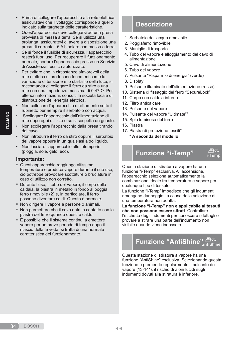 Descrizione, Funzione “i-temp, Funzione “antishine | Bosch TDS4580 Centro de planchado Sensixx B45L SilenceComfort400 EAN 4242002768458 User Manual | Page 34 / 172