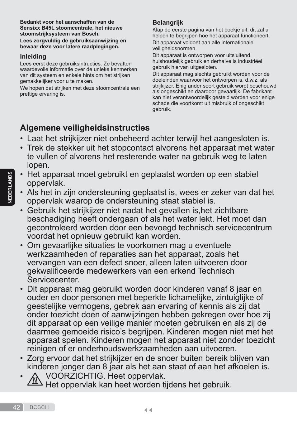 Nederlands, Algemene veiligheidsinstructies | Bosch TDS4580 Centro de planchado Sensixx B45L SilenceComfort400 EAN 4242002768458 User Manual | Page 42 / 172